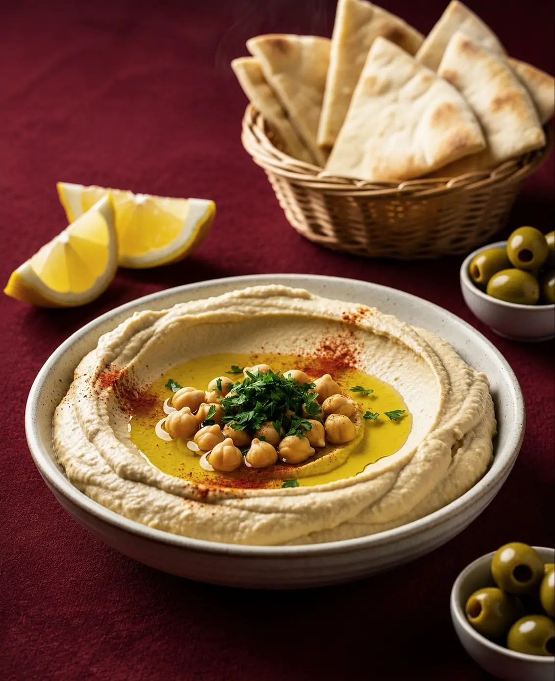 Hummus med kikärtor, olivolja och nybakat bröd
