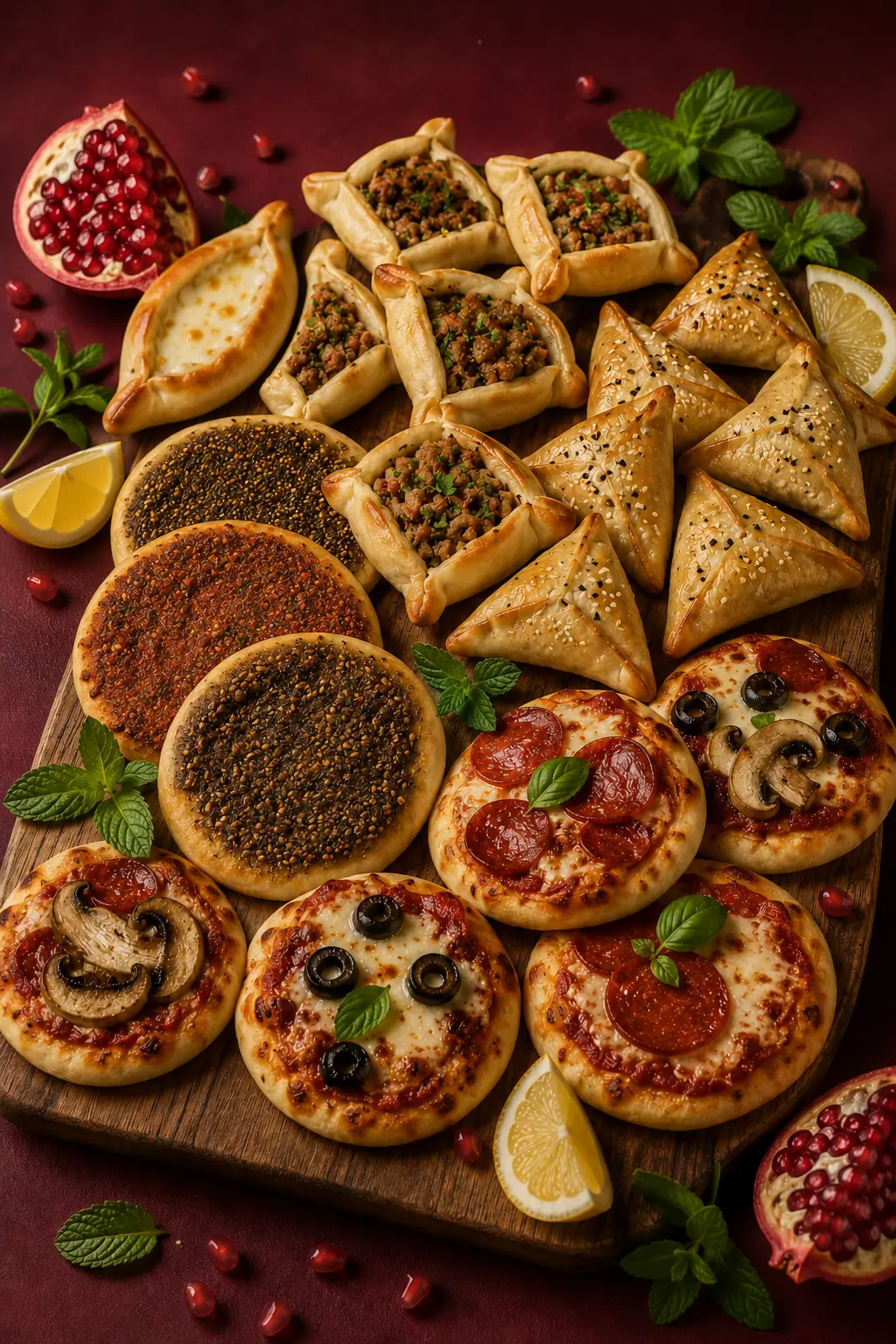 Piroger och minipizzor på träbricka