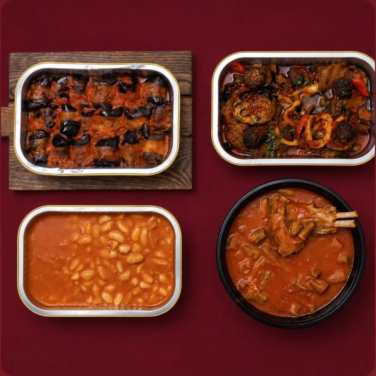 Grytor i serveringsformar: aubergine, vita bönor och lammgryta