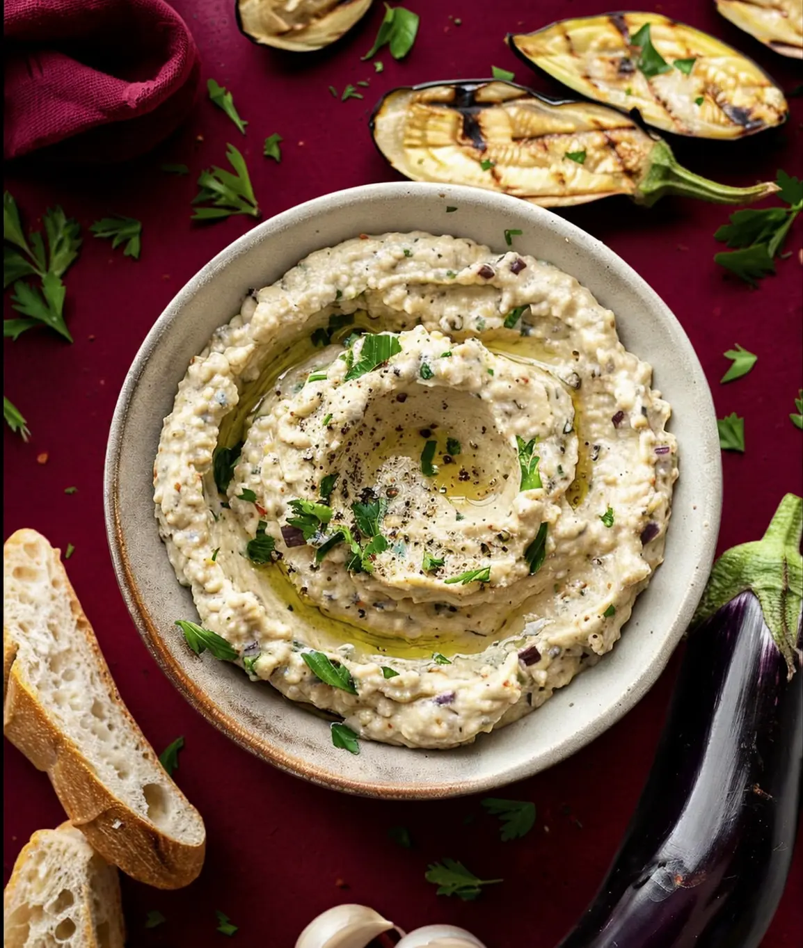 Baba ghanoush med grillad aubergine och bröd